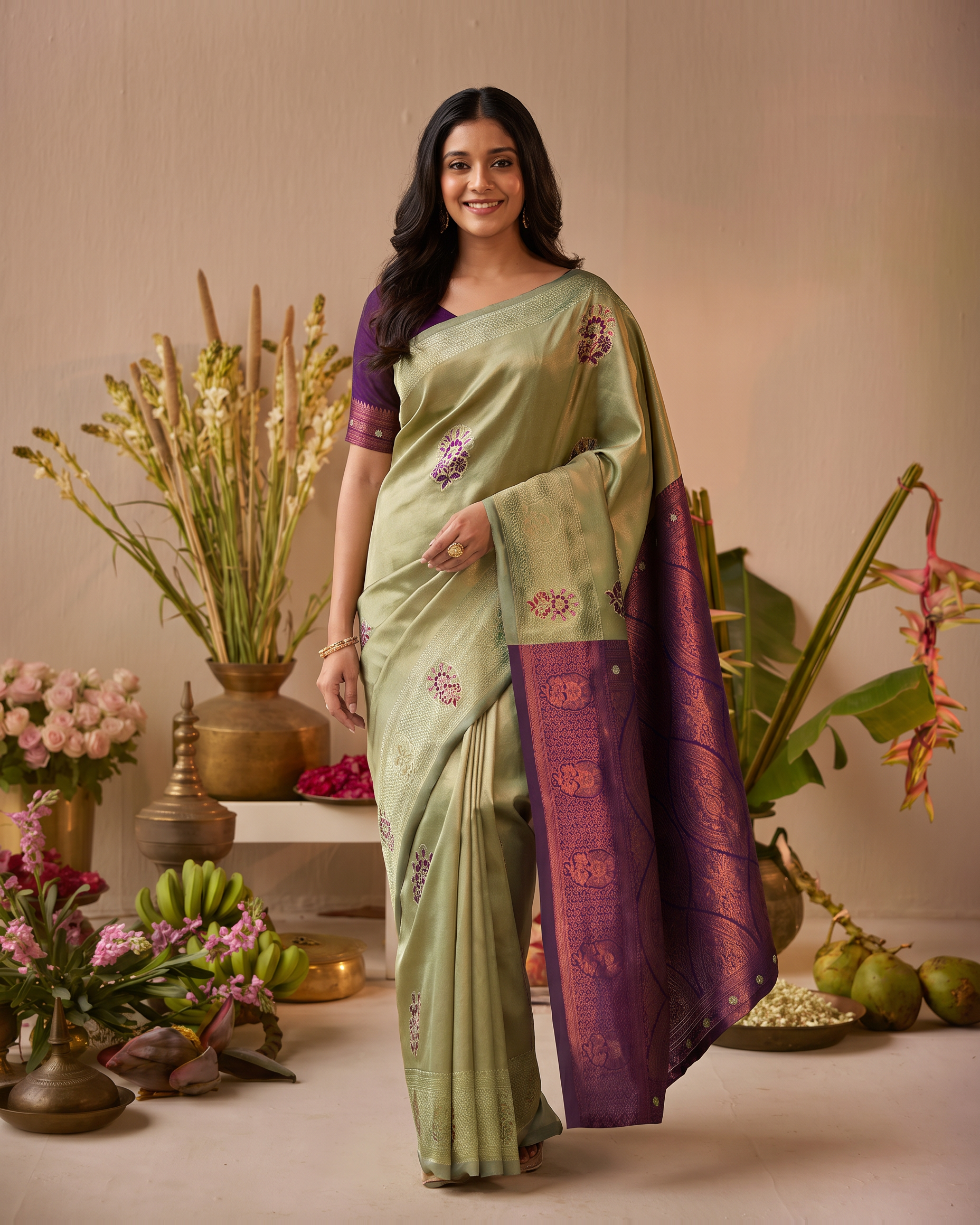 Sage Green Wine Silk Saree with Plum Contrast Border - full saree hero