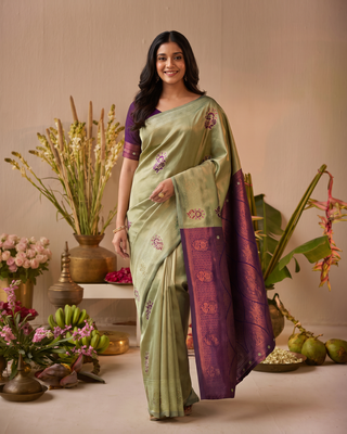 Sage Green Wine Silk Saree with Plum Contrast Border