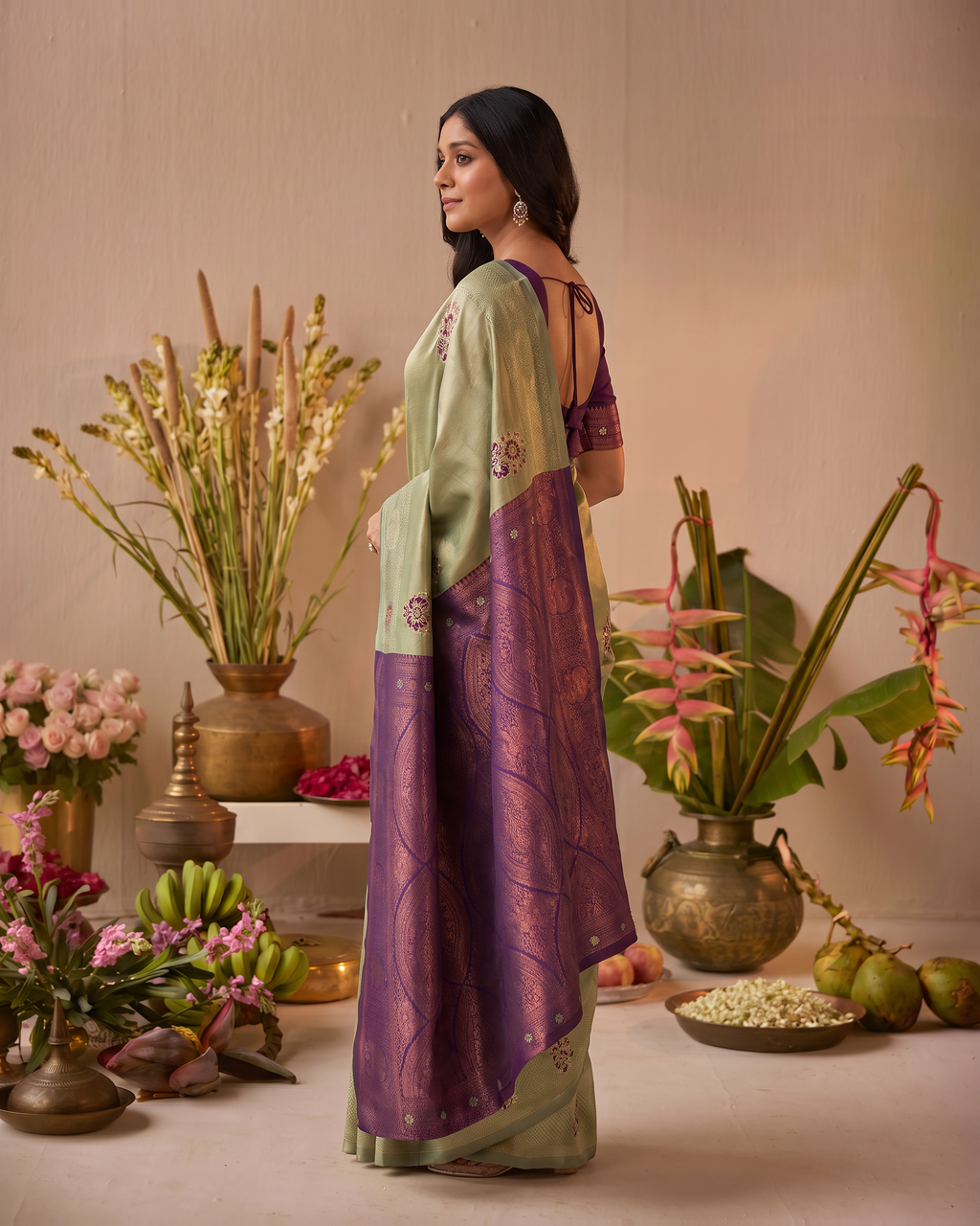 Sage Green Wine Silk Saree with Plum Contrast Border - side drape