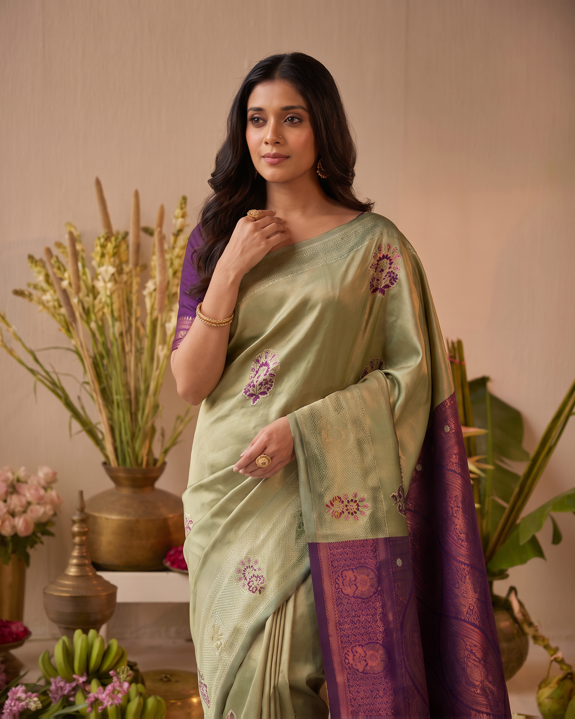 Sage Green Wine Silk Saree with Plum Contrast Border - upper closeup