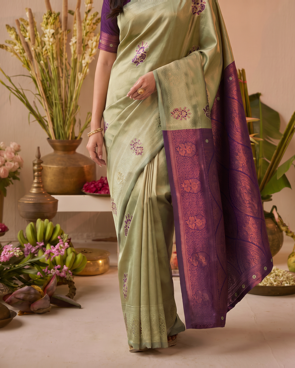 Sage Green Wine Silk Saree with Plum Contrast Border - lower closeup