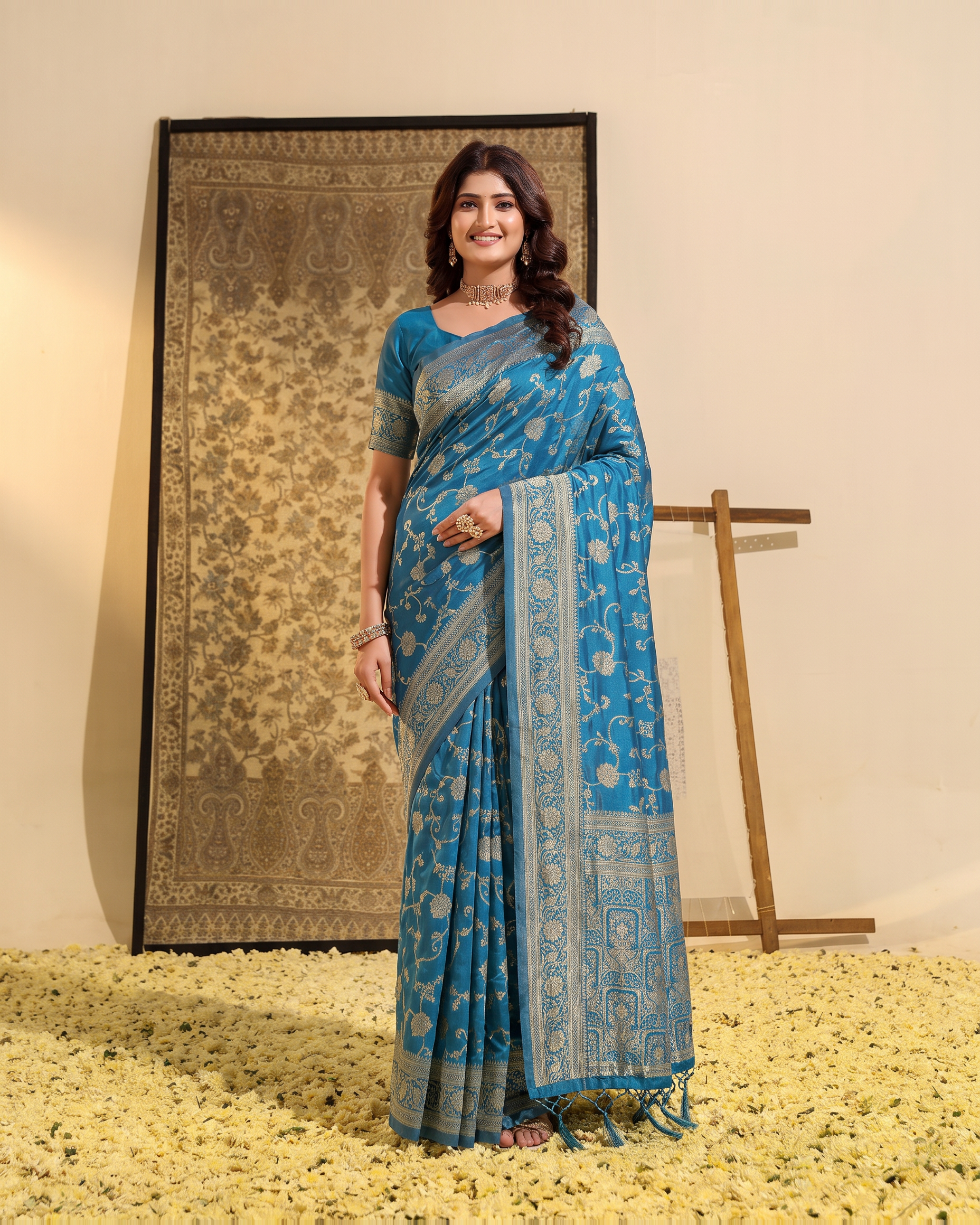 Samaira Antique Motif Paithani Silk Saree - Dark Firozi - full saree hero