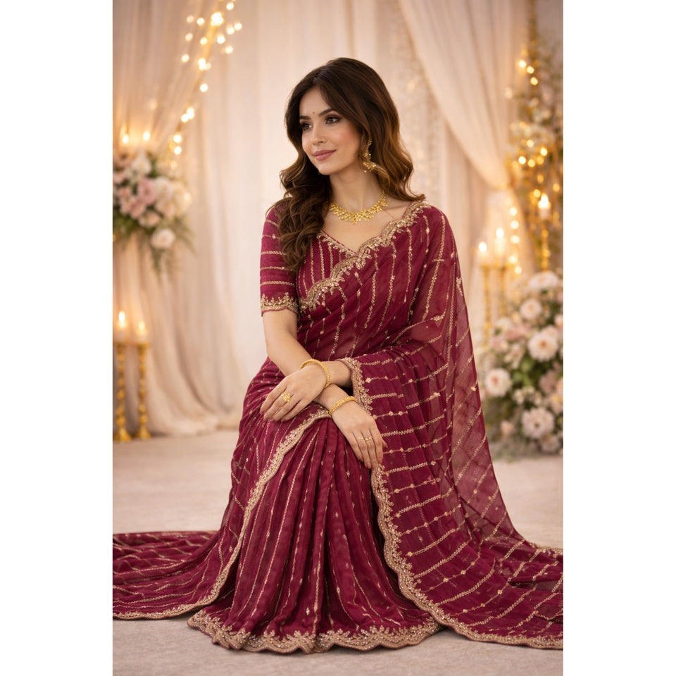 Maroon Embroidered Georgette Saree with Golden Zari Border