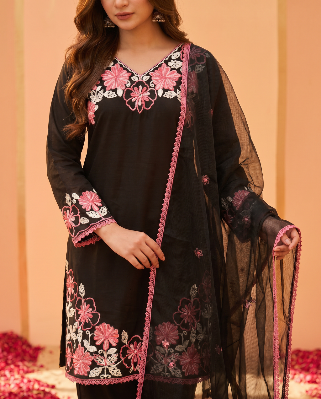 Satin Rayon Embroidered Farshi Palazzo Suit Set - Black Pink - detail closeup