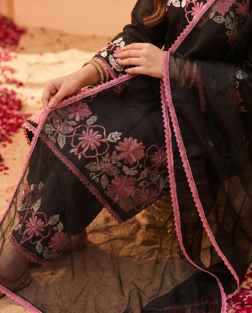 Satin Rayon Embroidered Farshi Palazzo Suit Set - Black Pink - dupatta detail