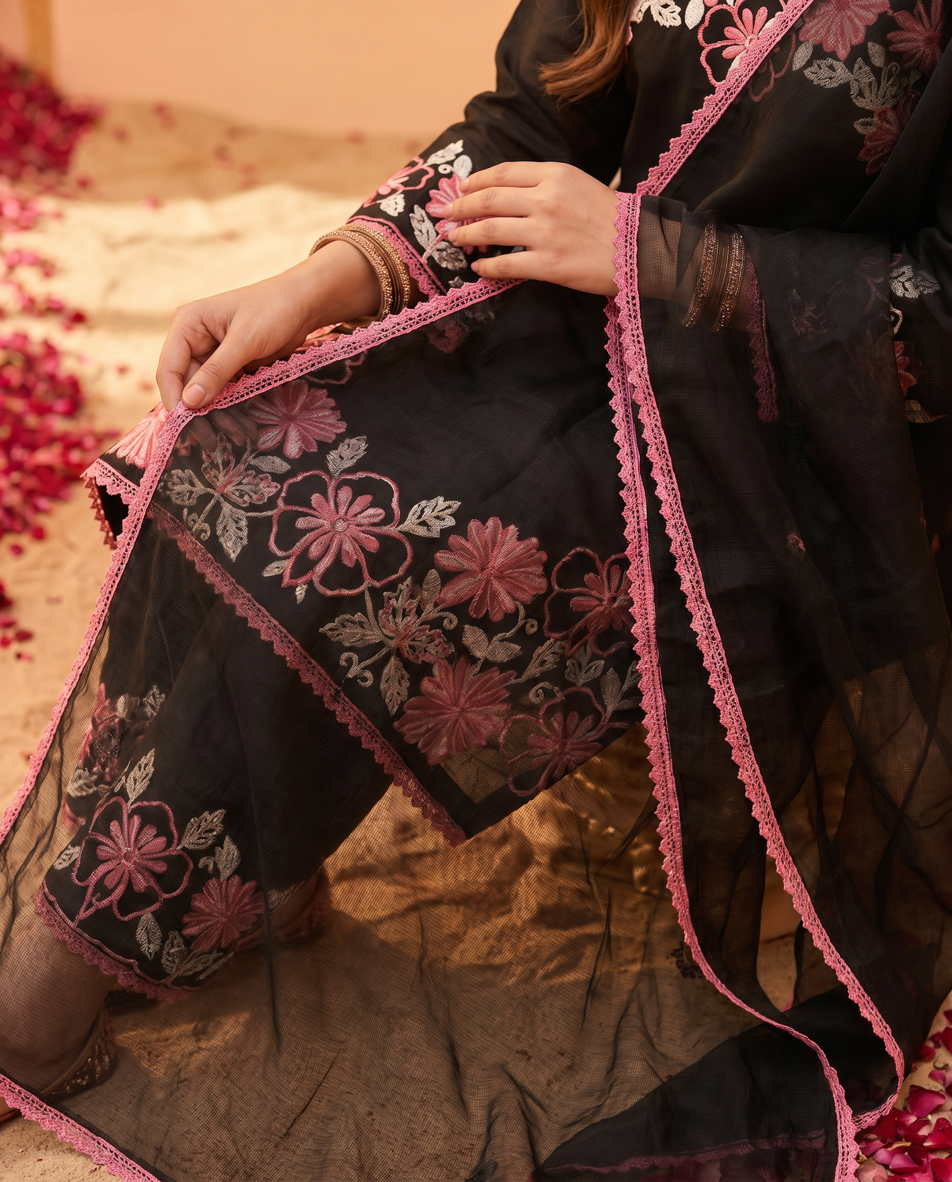 Satin Rayon Embroidered Farshi Palazzo Suit Set - Black Pink - dupatta detail