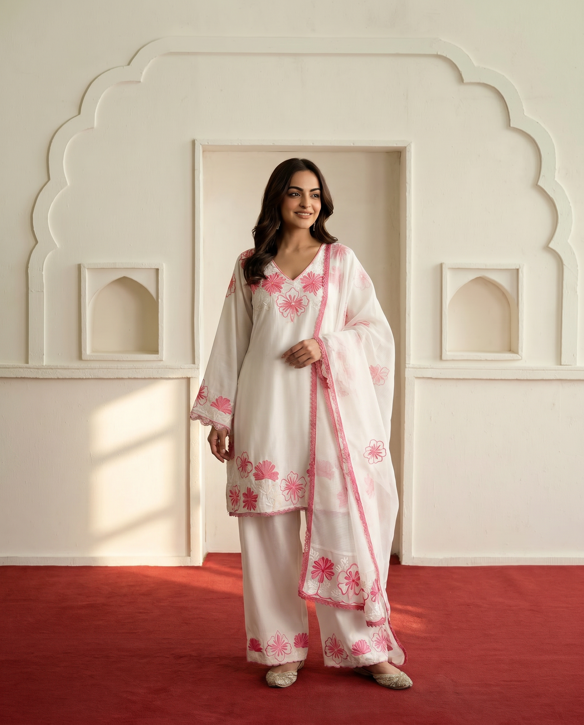 Satin Rayon Embroidered Farshi Palazzo Suit Set - White Pink - hero