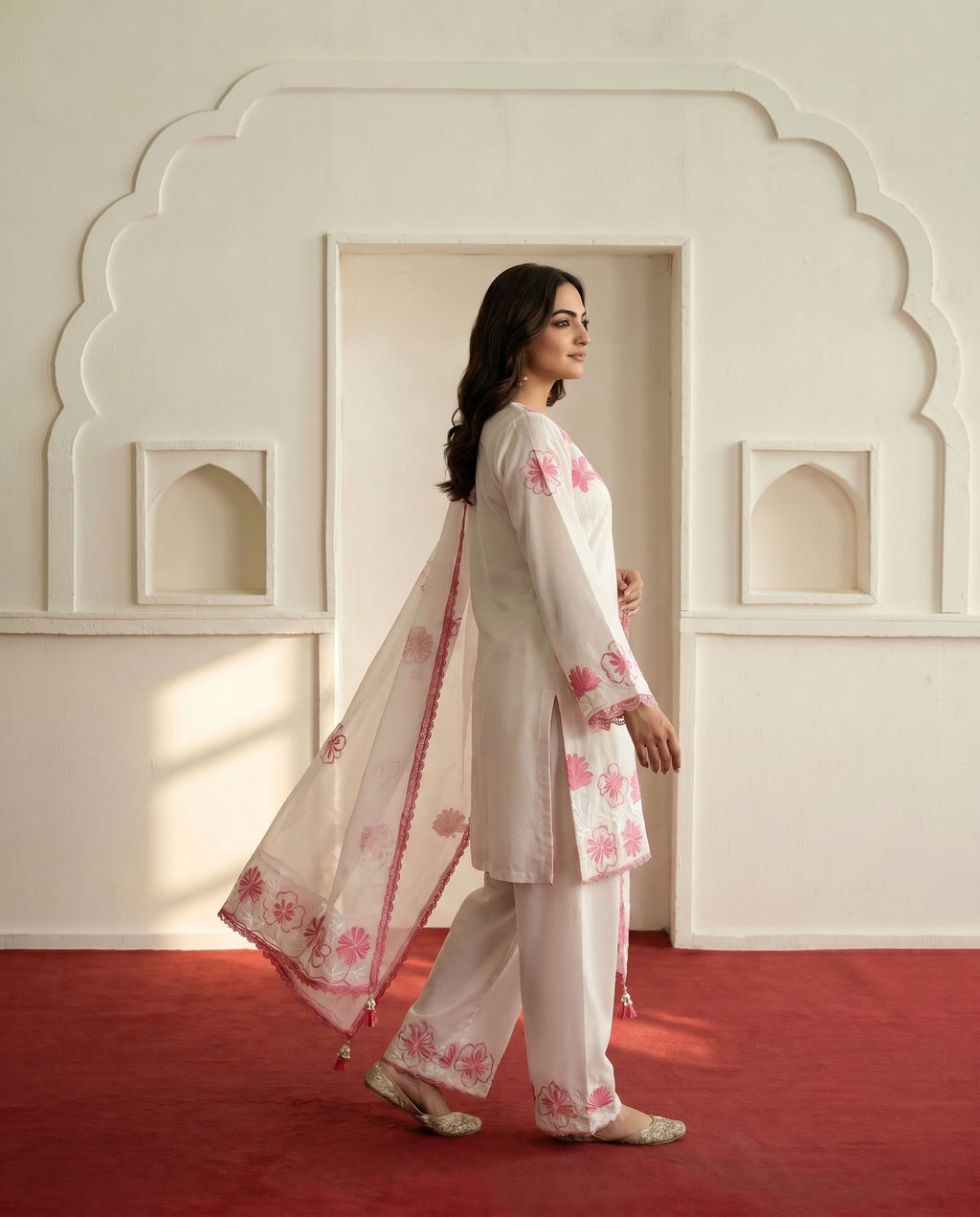 Satin Rayon Embroidered Farshi Palazzo Suit Set - White Pink - angled movement