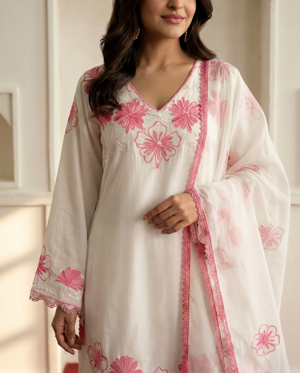 Satin Rayon Embroidered Farshi Palazzo Suit Set - White Pink - detail closeup