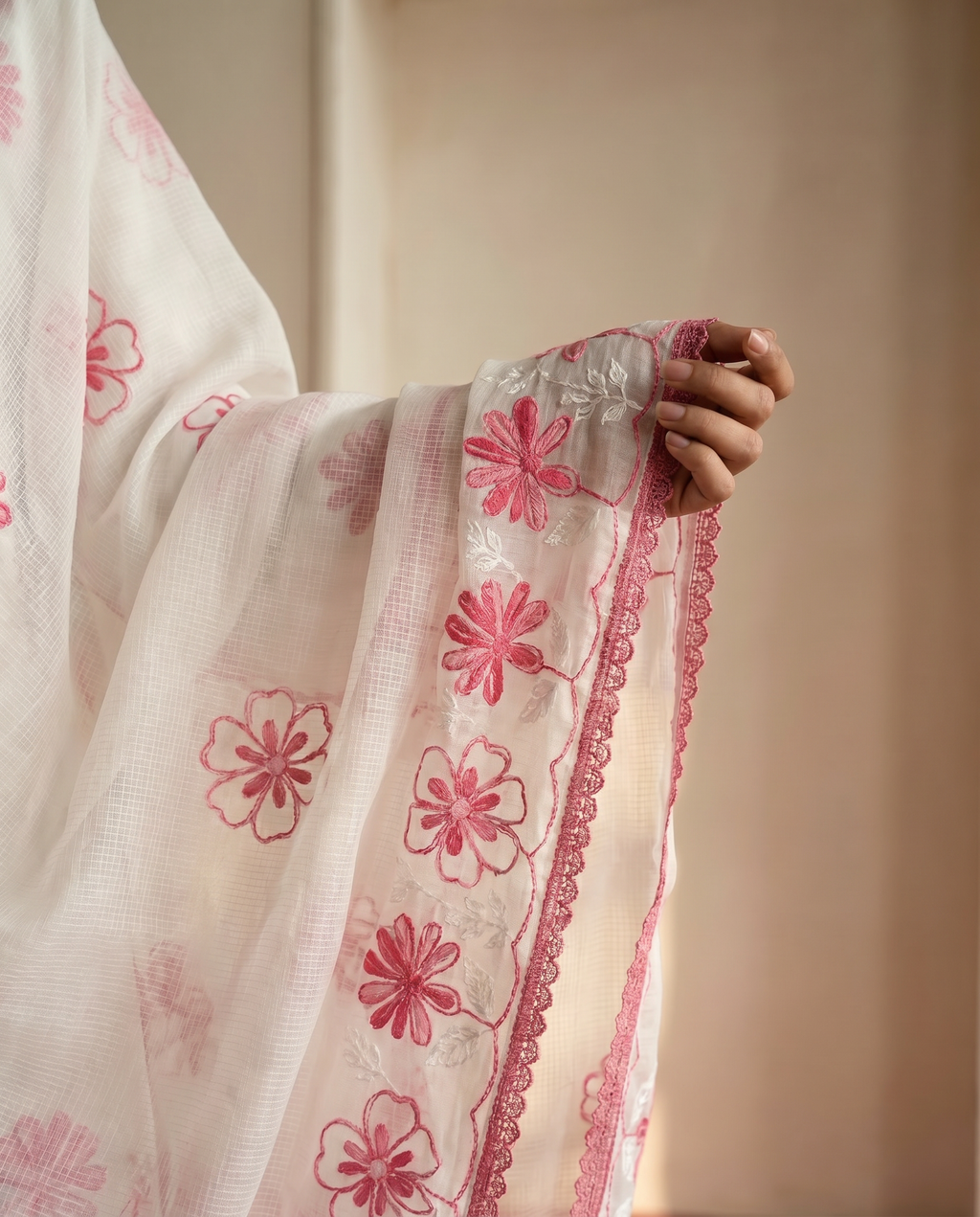 Satin Rayon Embroidered Farshi Palazzo Suit Set - White Pink - dupatta detail