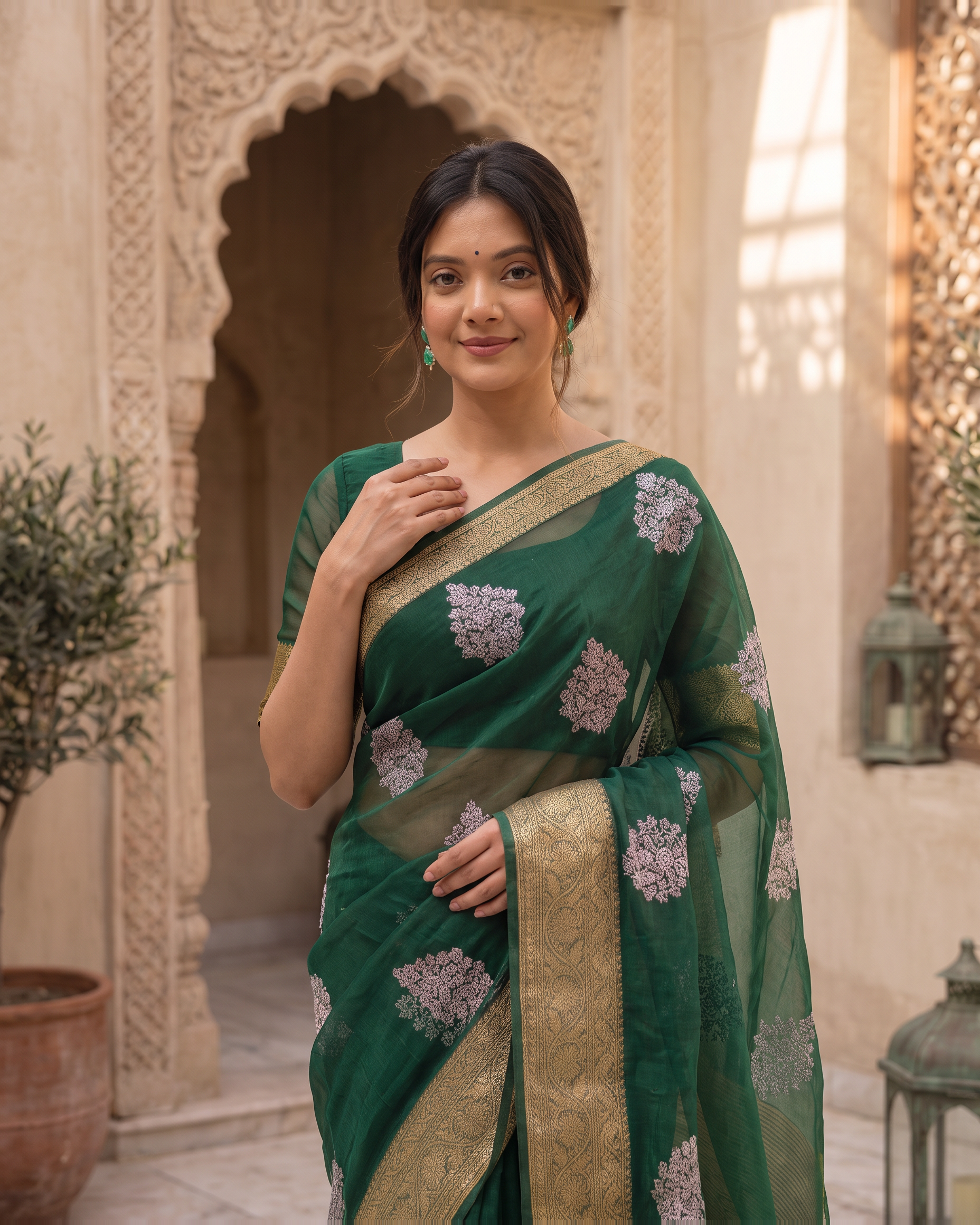 Saumya Vibrant Festive Saree with Refined Border - Green - upper closeup