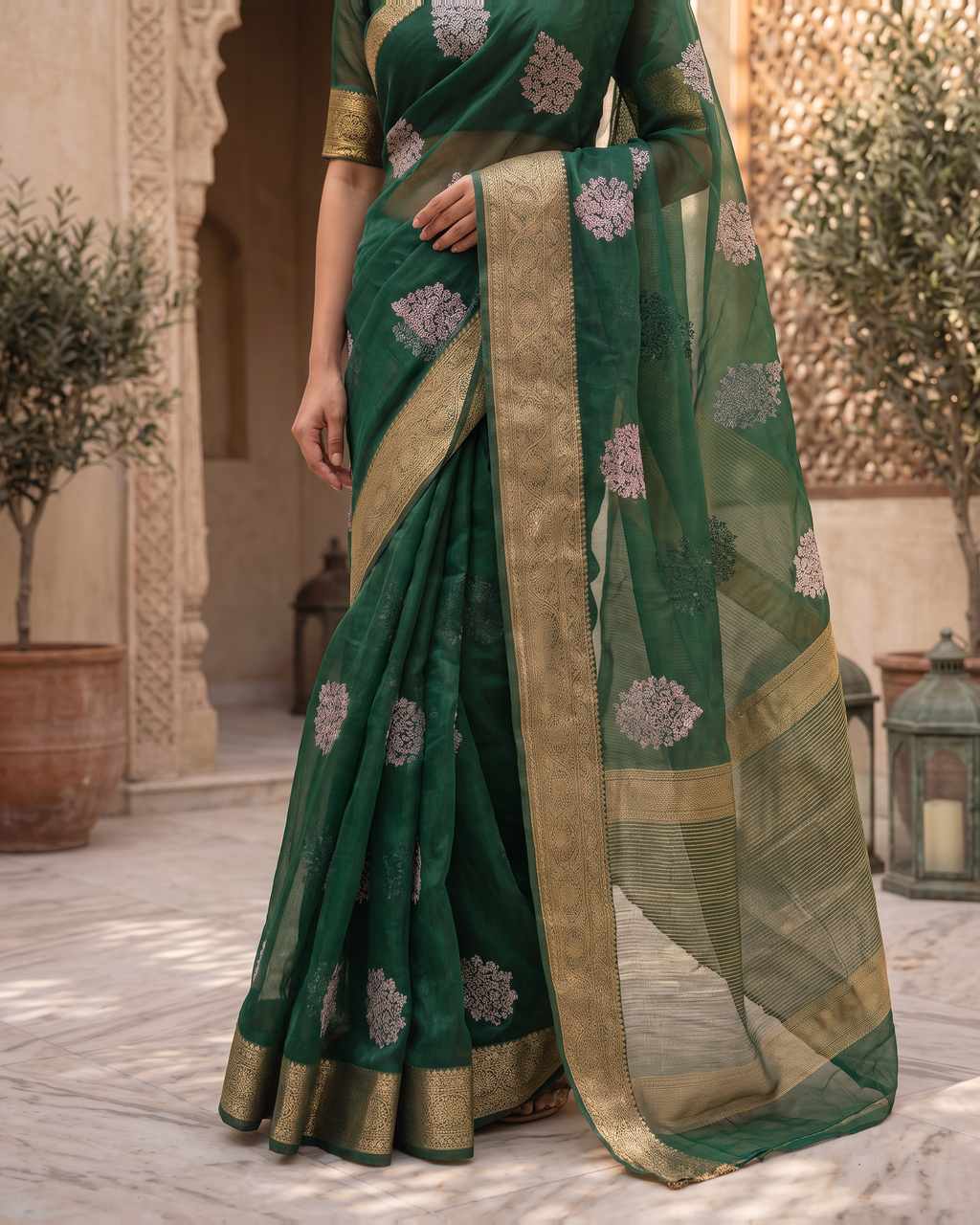 Saumya Vibrant Festive Saree with Refined Border - Green - lower closeup