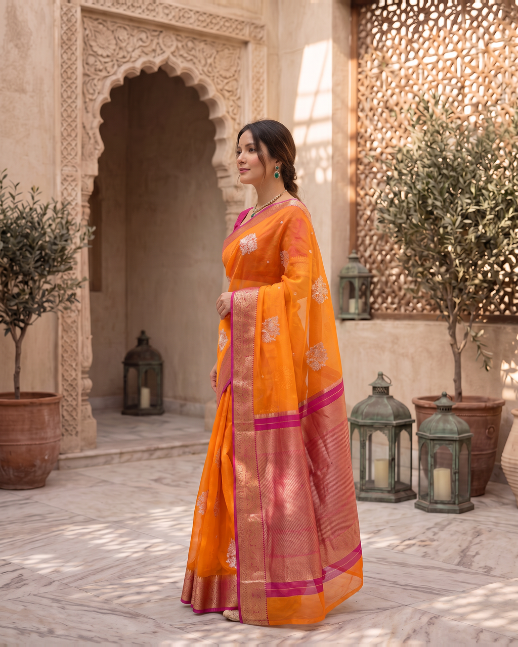 Saumya Vibrant Festive Saree with Refined Border - Orange Pink - side