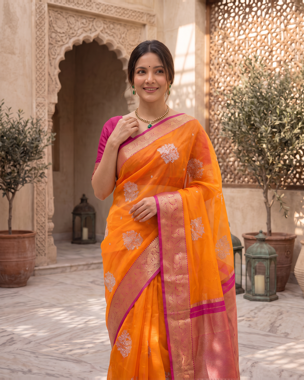 Saumya Vibrant Festive Saree with Refined Border - Orange Pink - upper closeup