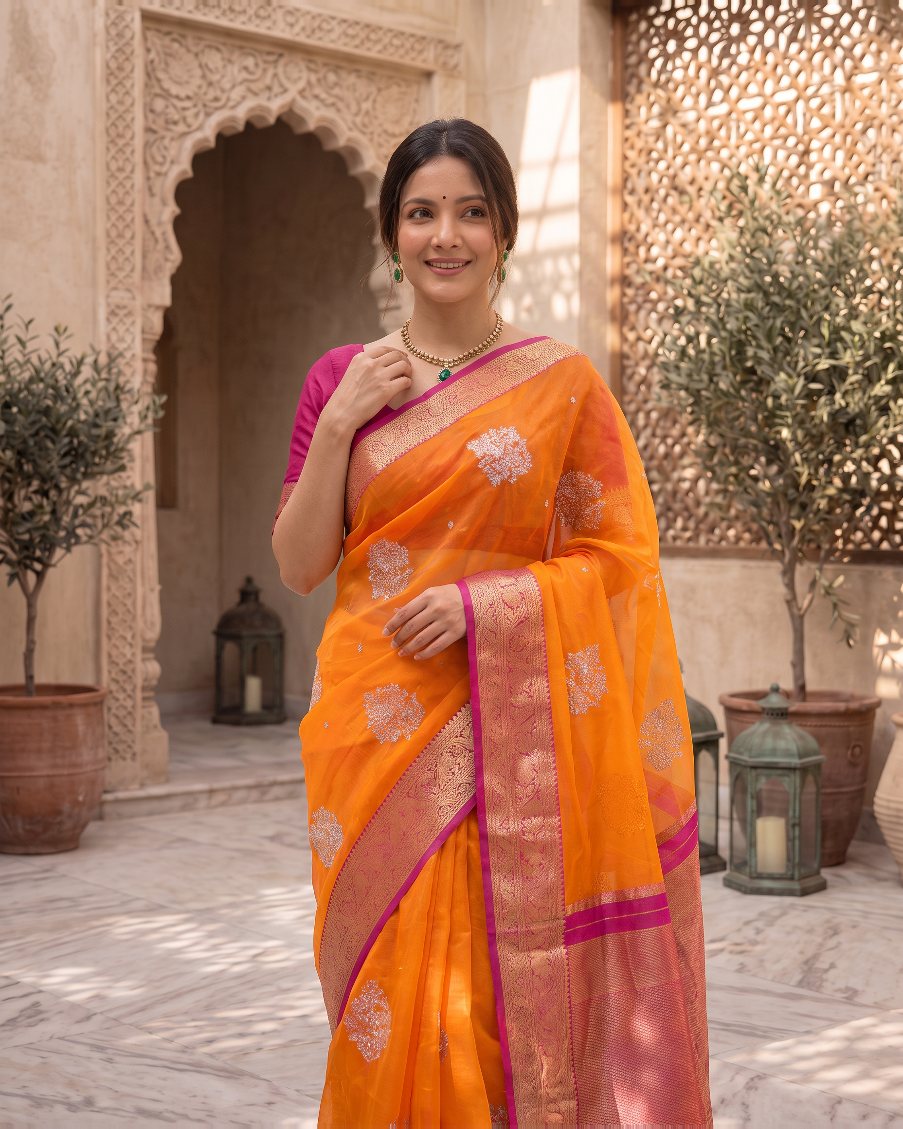 Saumya Vibrant Festive Saree with Refined Border - Orange Pink - upper closeup