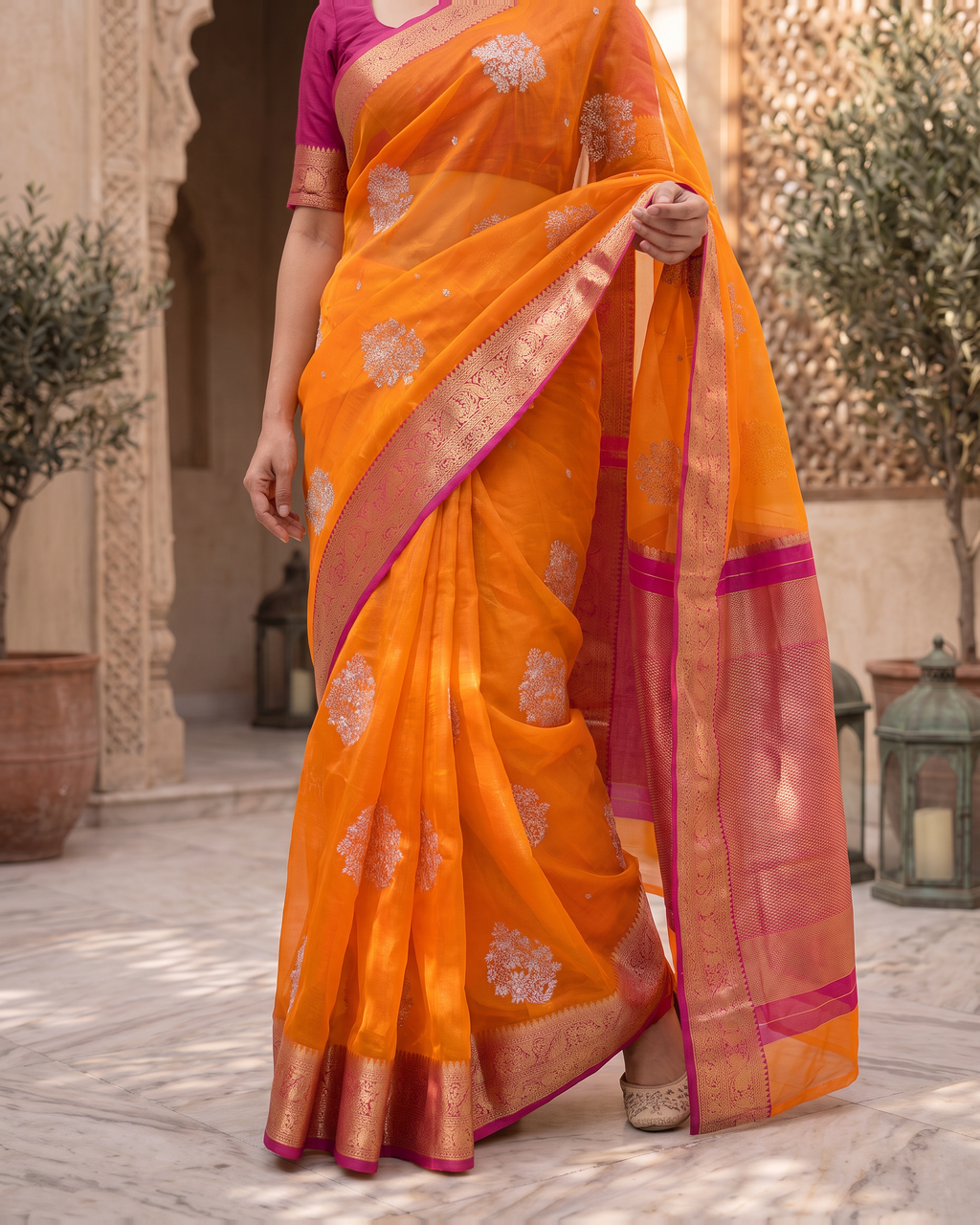 Saumya Vibrant Festive Saree with Refined Border - Orange Pink - lower closeup