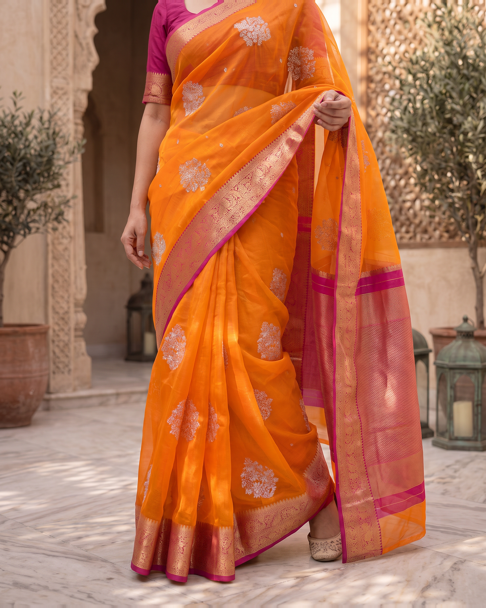 Saumya Vibrant Festive Saree with Refined Border - Orange Pink - lower closeup