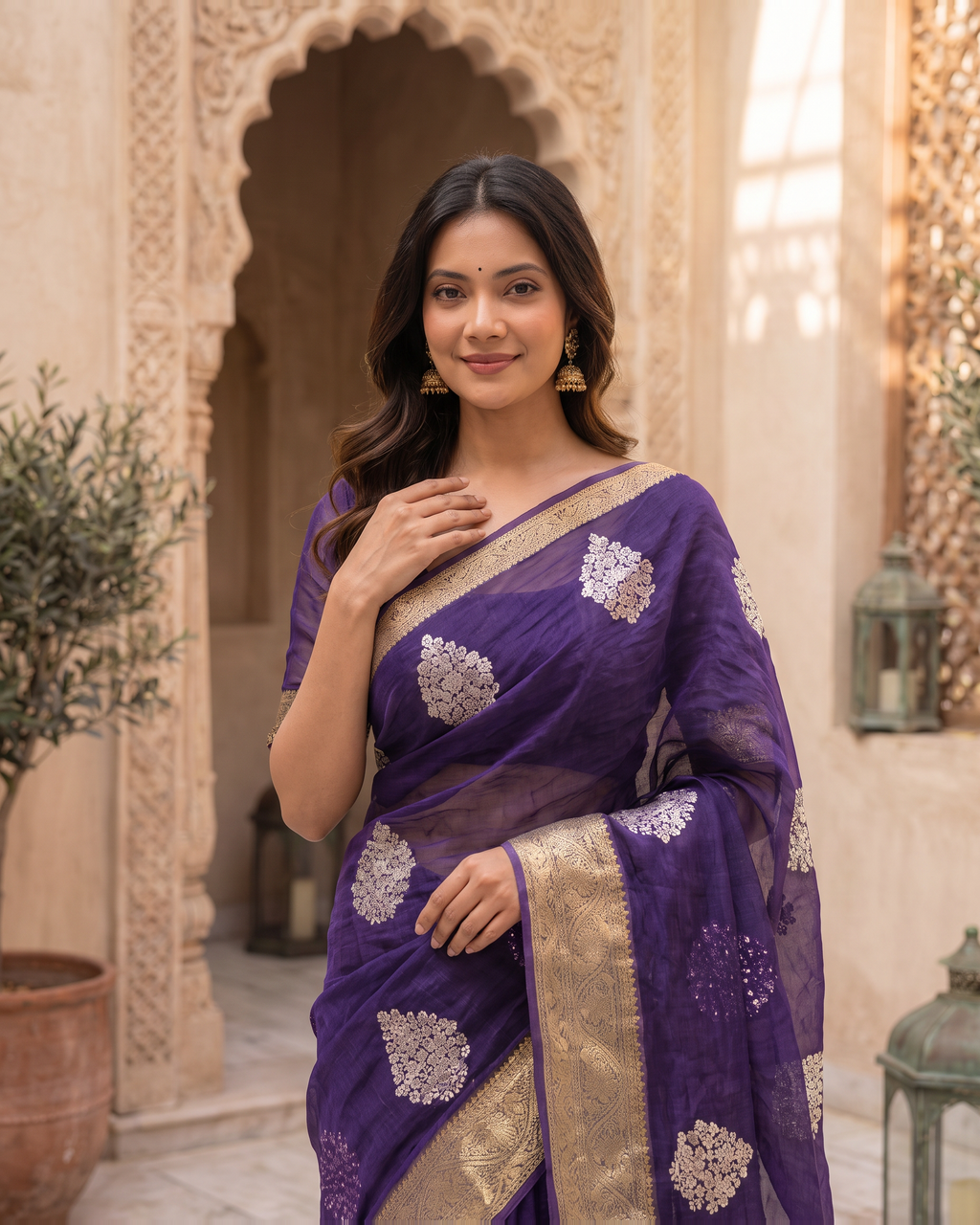 Saumya Vibrant Festive Saree with Refined Border - Purple - upper closeup