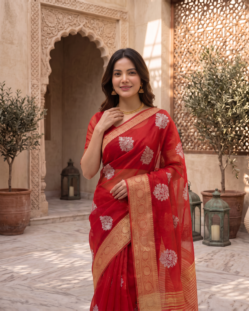 Saumya Vibrant Festive Saree with Refined Border - Red - upper closeup
