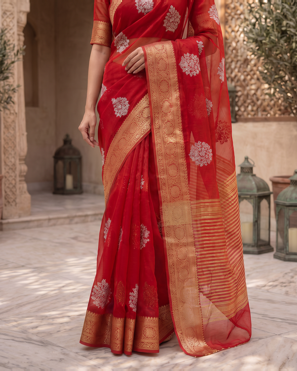 Saumya Vibrant Festive Saree with Refined Border - Red - lower closeup