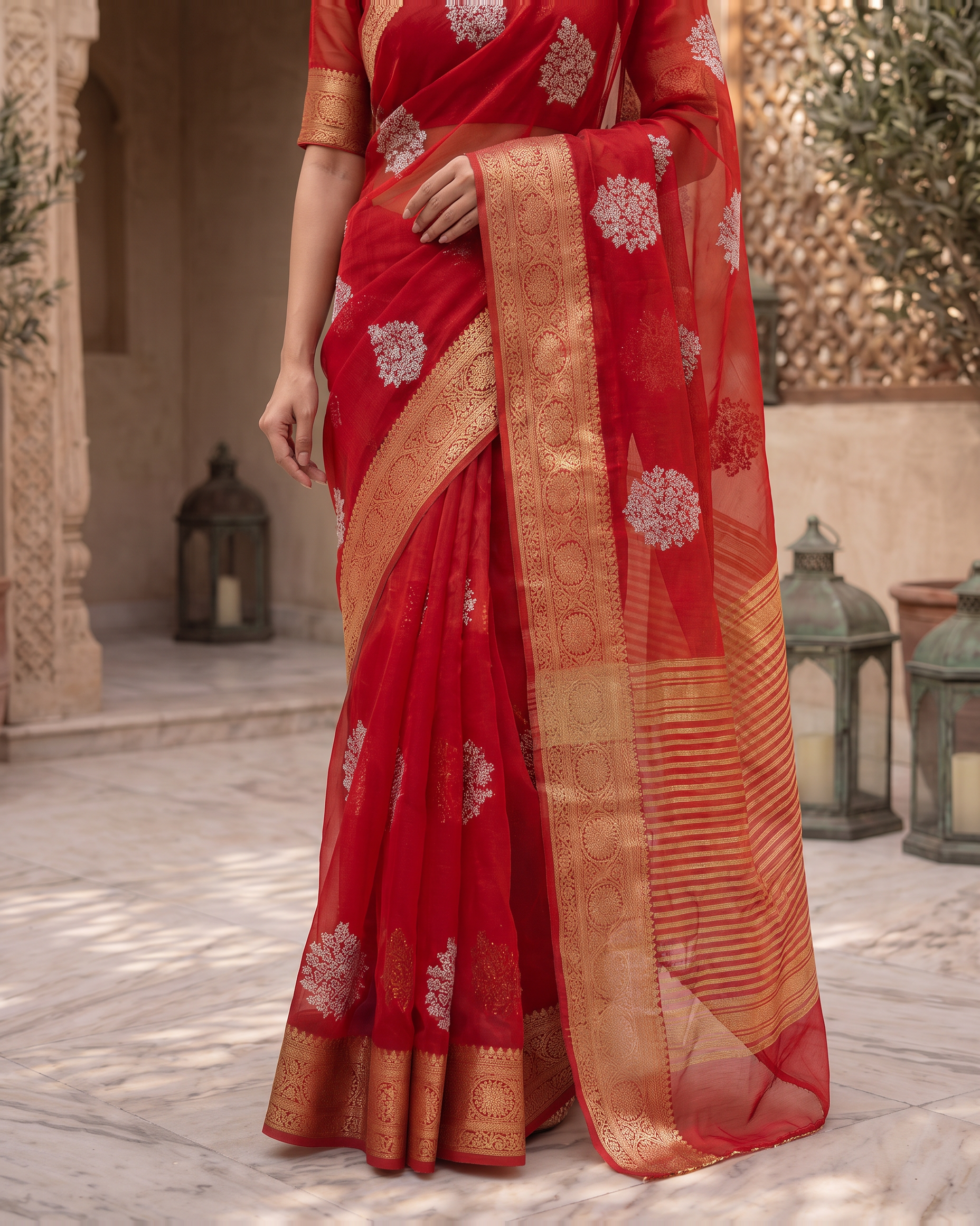 Saumya Vibrant Festive Saree with Refined Border - Red - lower closeup