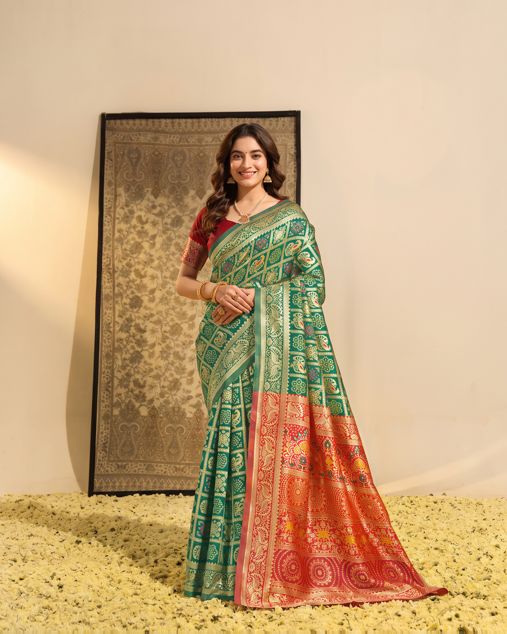 Sea Green Rust Silk Saree with Banarasi Inspired Border - full saree hero