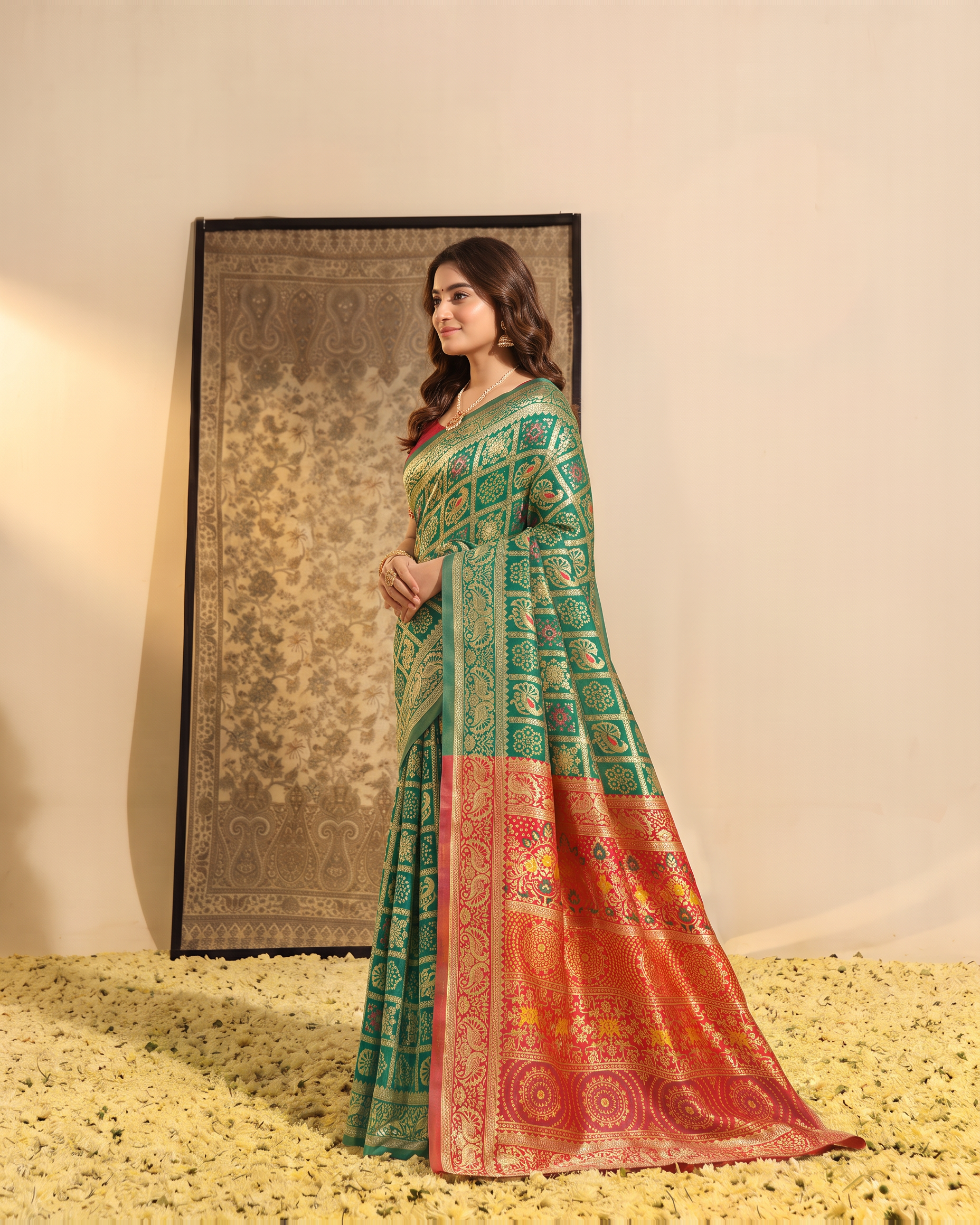 Sea Green Rust Silk Saree with Banarasi Inspired Border - side drape