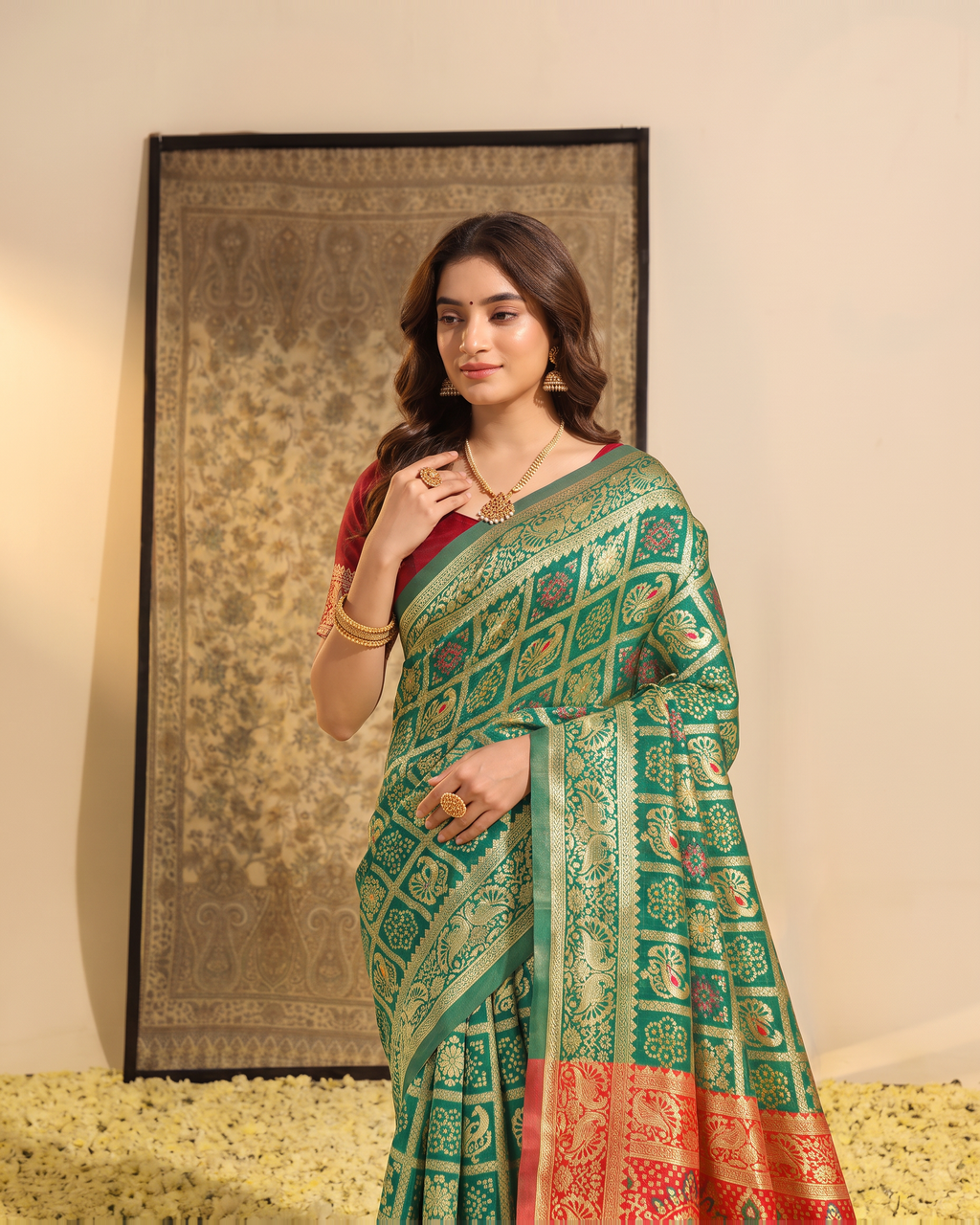 Sea Green Rust Silk Saree with Banarasi Inspired Border - upper closeup