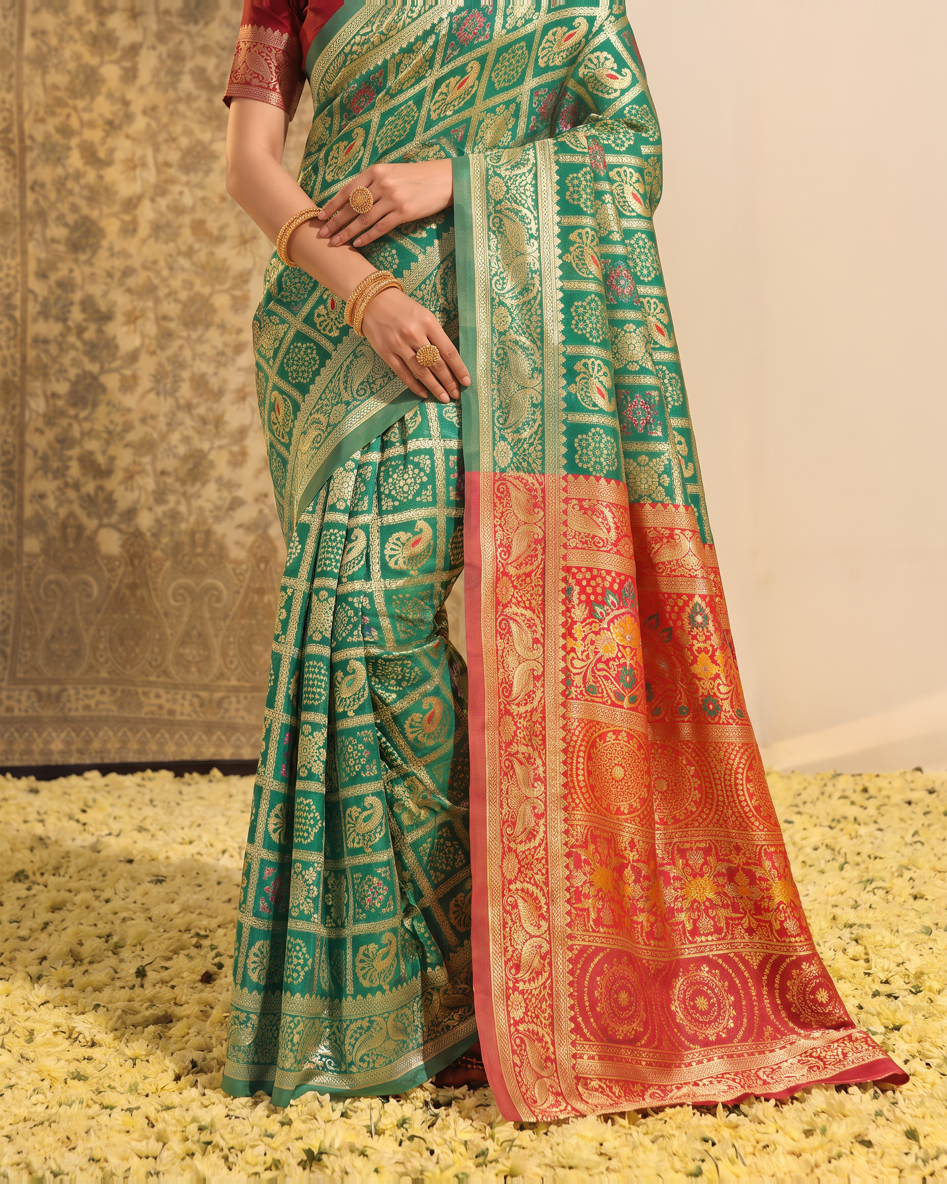 Sea Green Rust Silk Saree with Banarasi Inspired Border - lower closeup