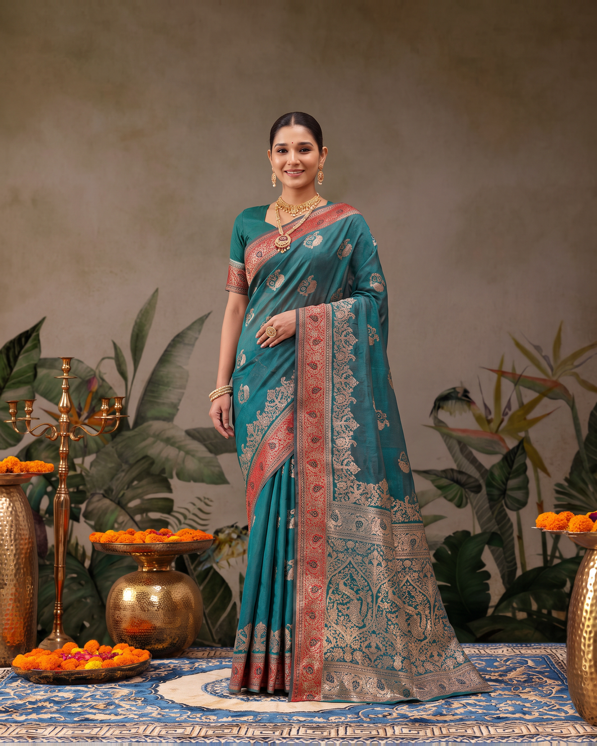 Shalmali Paisley Zari Silk Saree with Decorative Border - Green - full saree hero