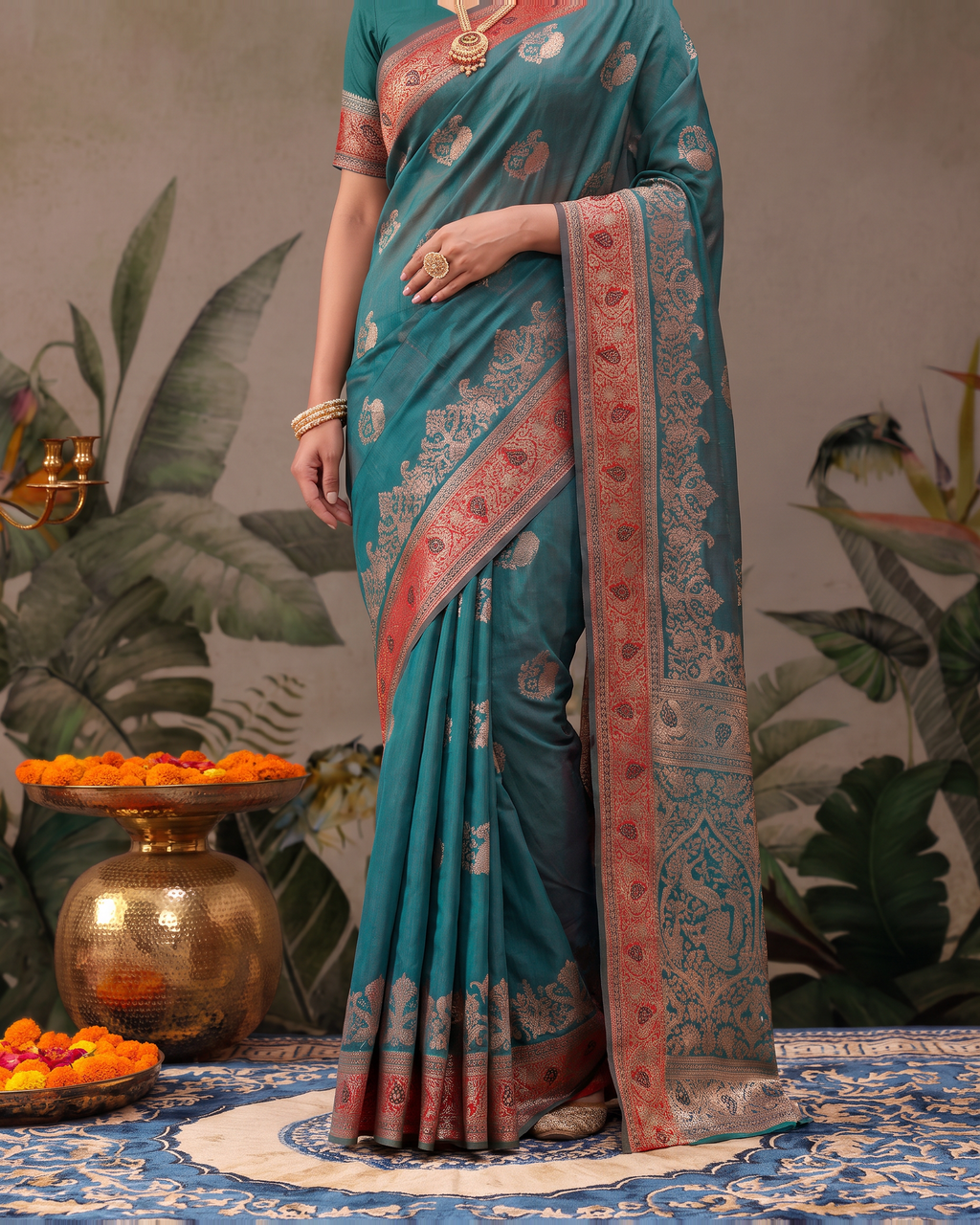 Shalmali Paisley Zari Silk Saree with Decorative Border - Green - lower closeup