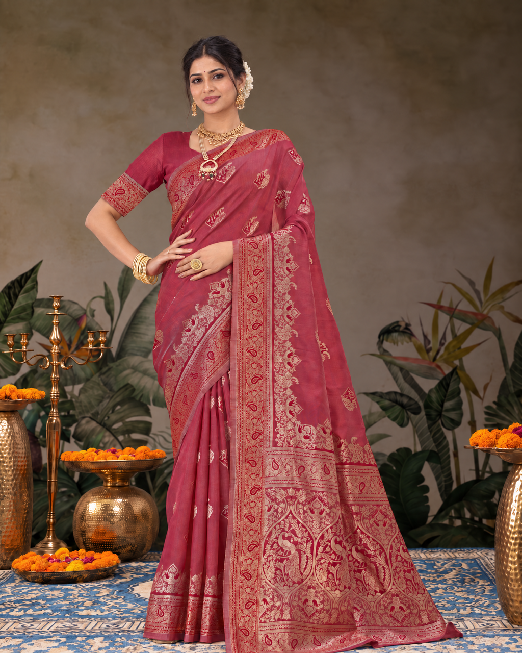 Shalmali Paisley Zari Silk Saree with Decorative Border - Maroon - full saree hero