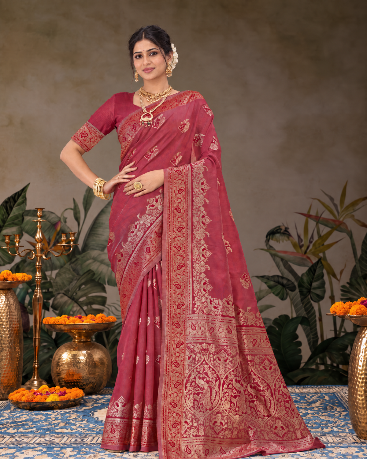 Shalmali Paisley Zari Silk Saree with Decorative Border - Maroon - full saree hero