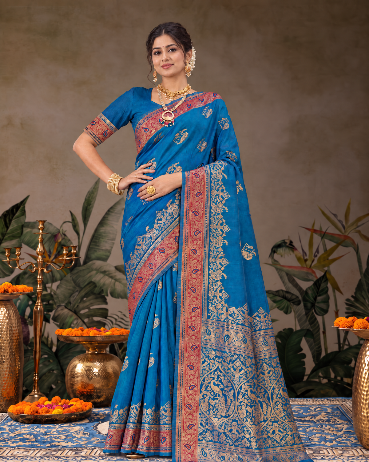 Shalmali Paisley Zari Silk Saree with Decorative Border - Navy Blue - full saree hero