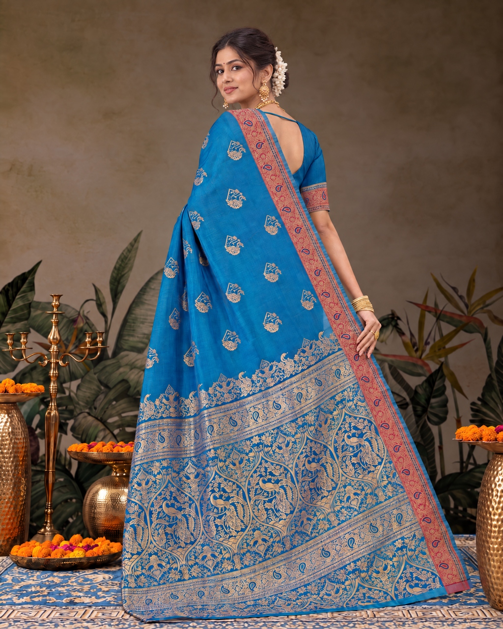 Shalmali Paisley Zari Silk Saree with Decorative Border - Navy Blue - side
