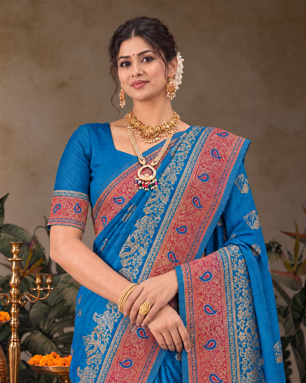 Shalmali Paisley Zari Silk Saree with Decorative Border - Navy Blue - upper closeup