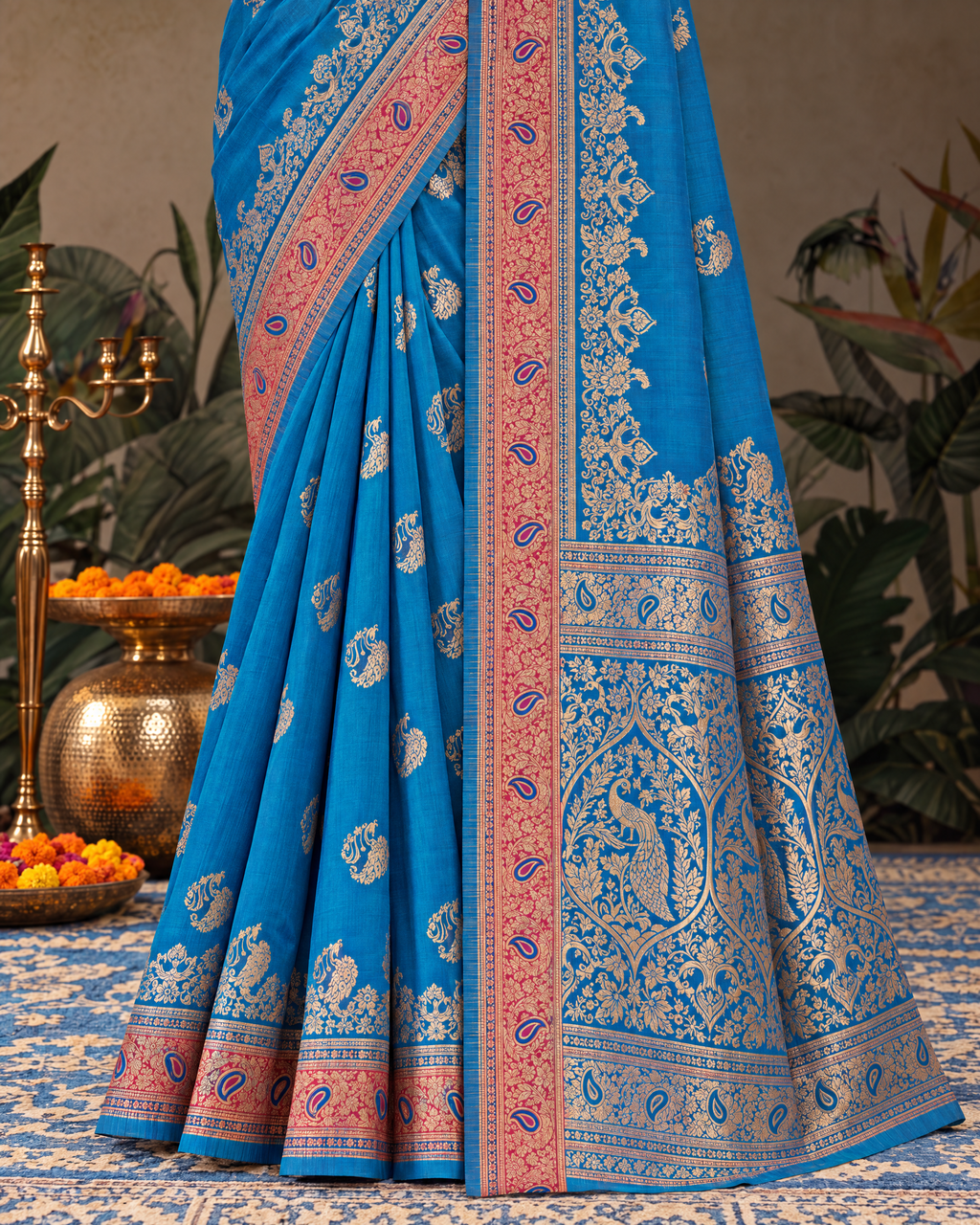 Shalmali Paisley Zari Silk Saree with Decorative Border - Navy Blue - lower closeup