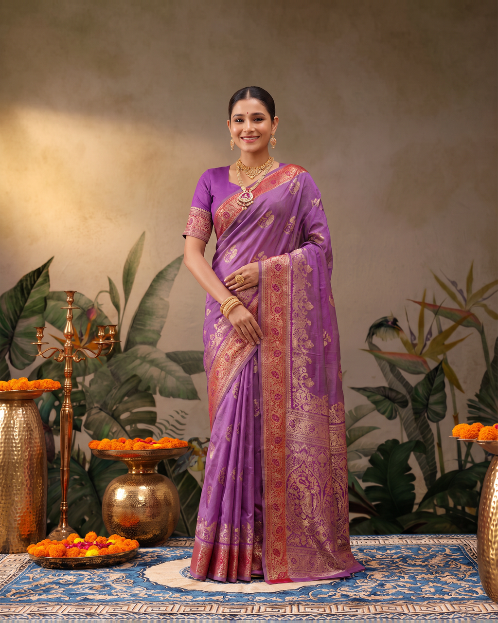 Shalmali Paisley Zari Silk Saree with Decorative Border - Purple - full saree hero