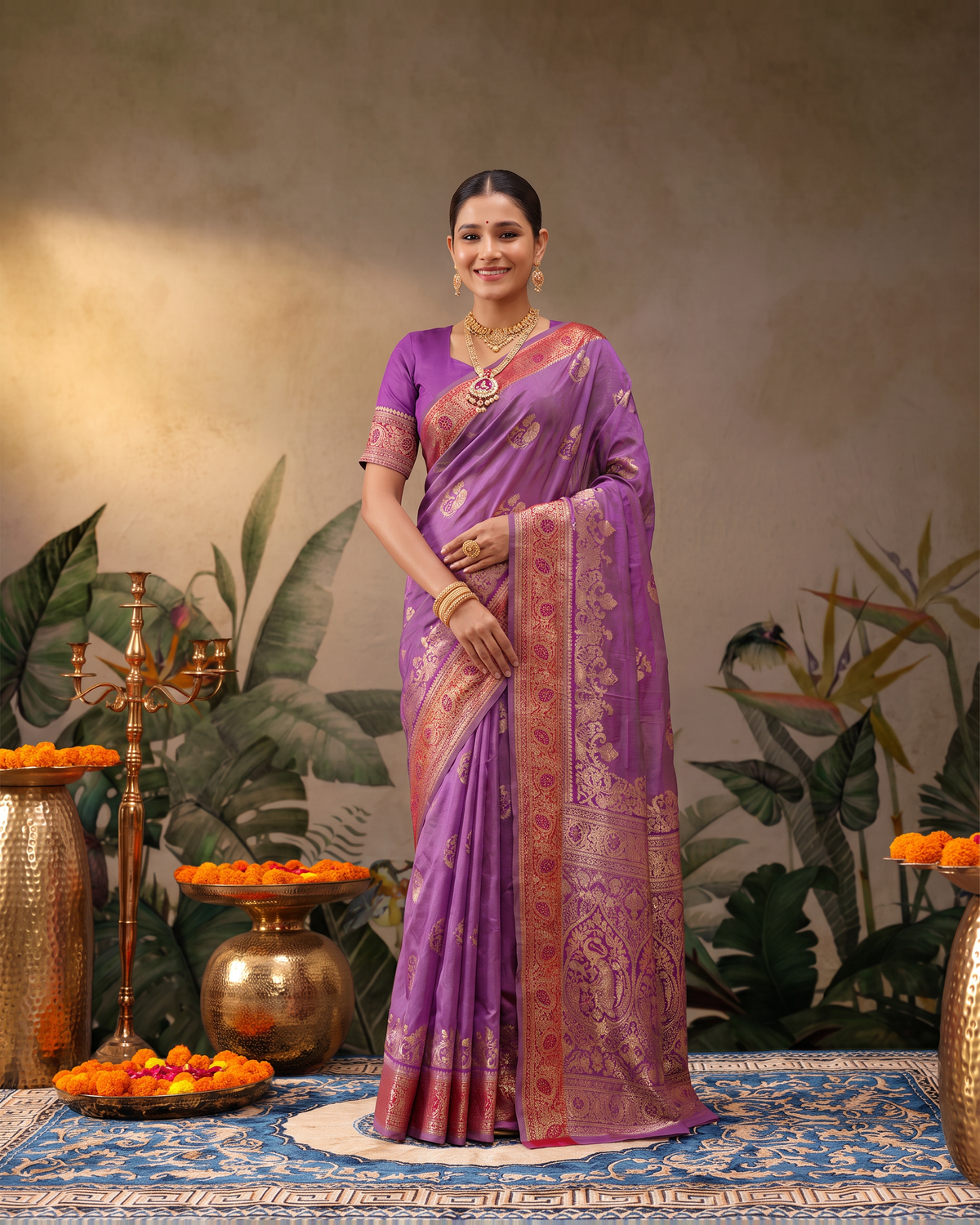 Shalmali Paisley Zari Silk Saree with Decorative Border - Purple - full saree hero