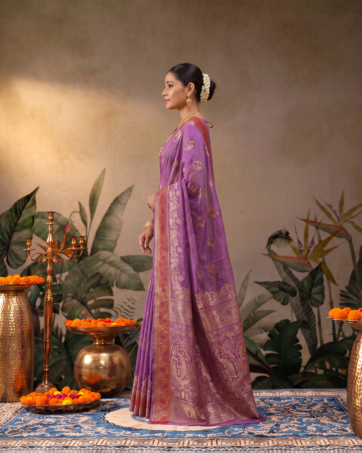 Shalmali Paisley Zari Silk Saree with Decorative Border - Purple - side
