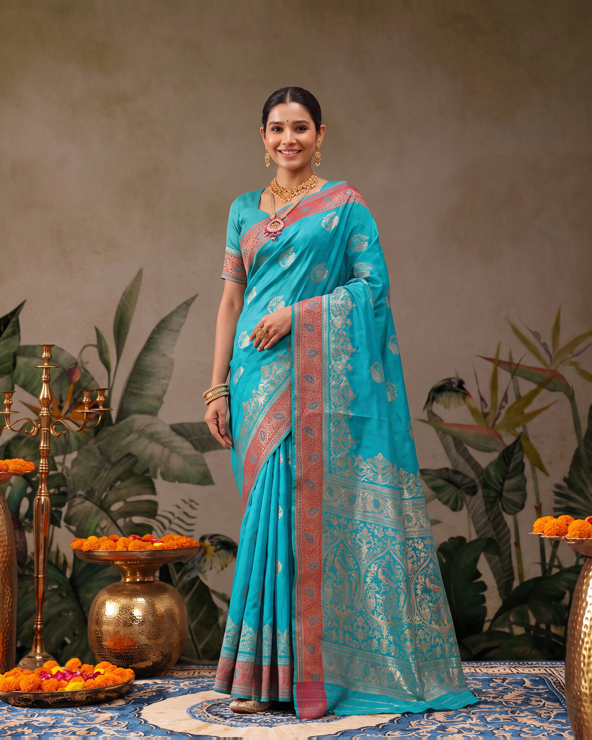 Shalmali Paisley Zari Silk Saree with Decorative Border - Rama - full saree hero
