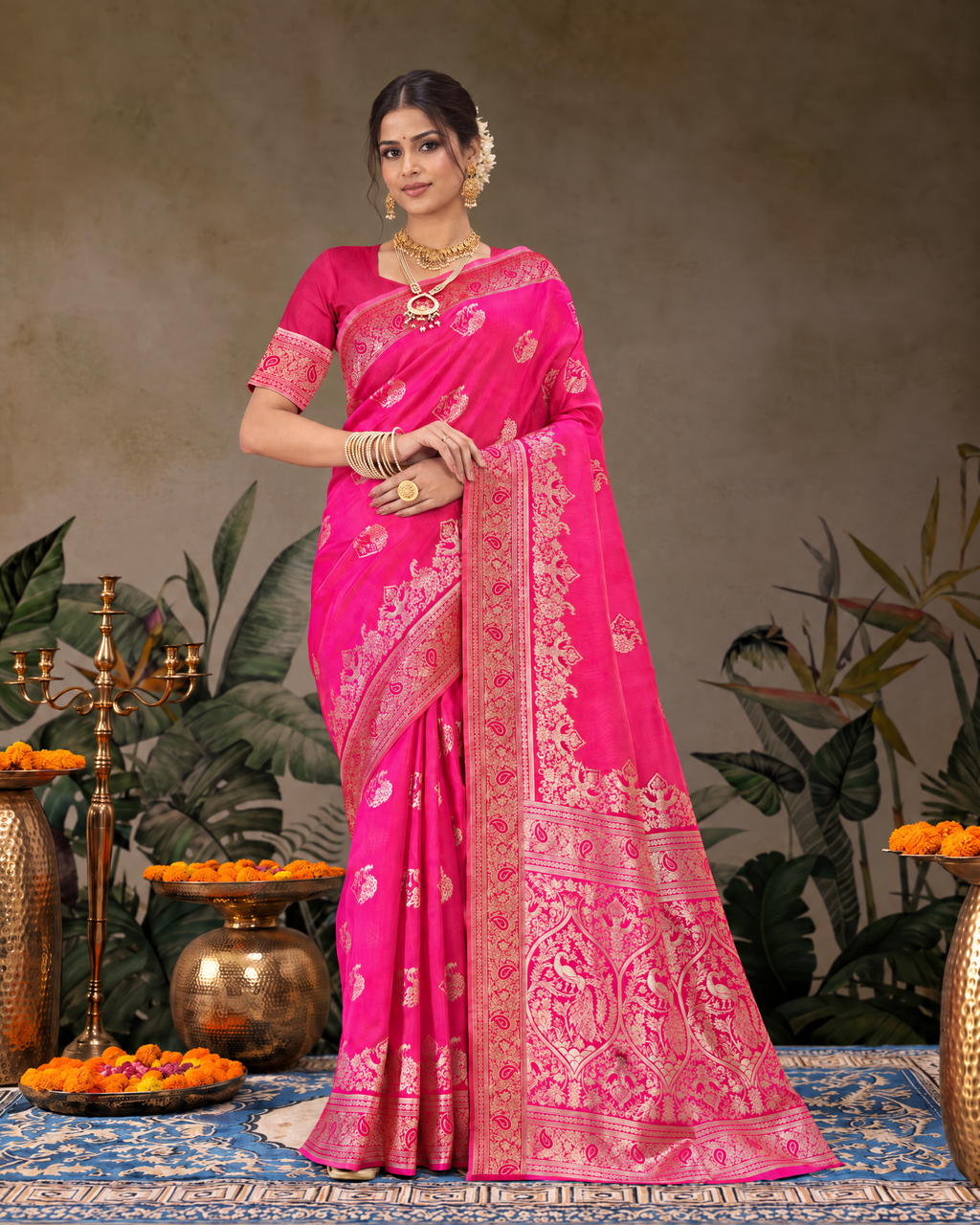 Shalmali Paisley Zari Silk Saree with Decorative Border - Rani - full saree hero