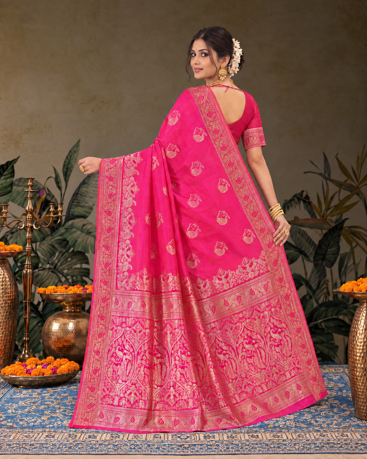 Shalmali Paisley Zari Silk Saree with Decorative Border - Rani - side