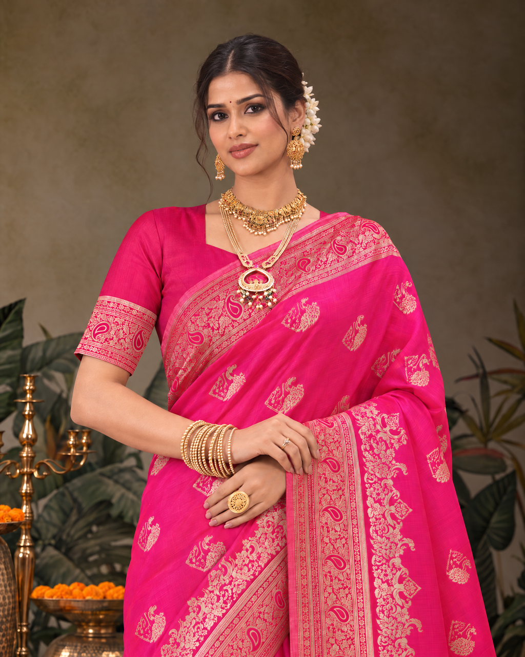 Shalmali Paisley Zari Silk Saree with Decorative Border - Rani - upper closeup