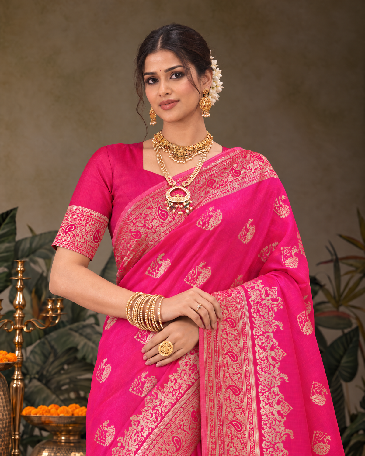 Shalmali Paisley Zari Silk Saree with Decorative Border - Rani - upper closeup