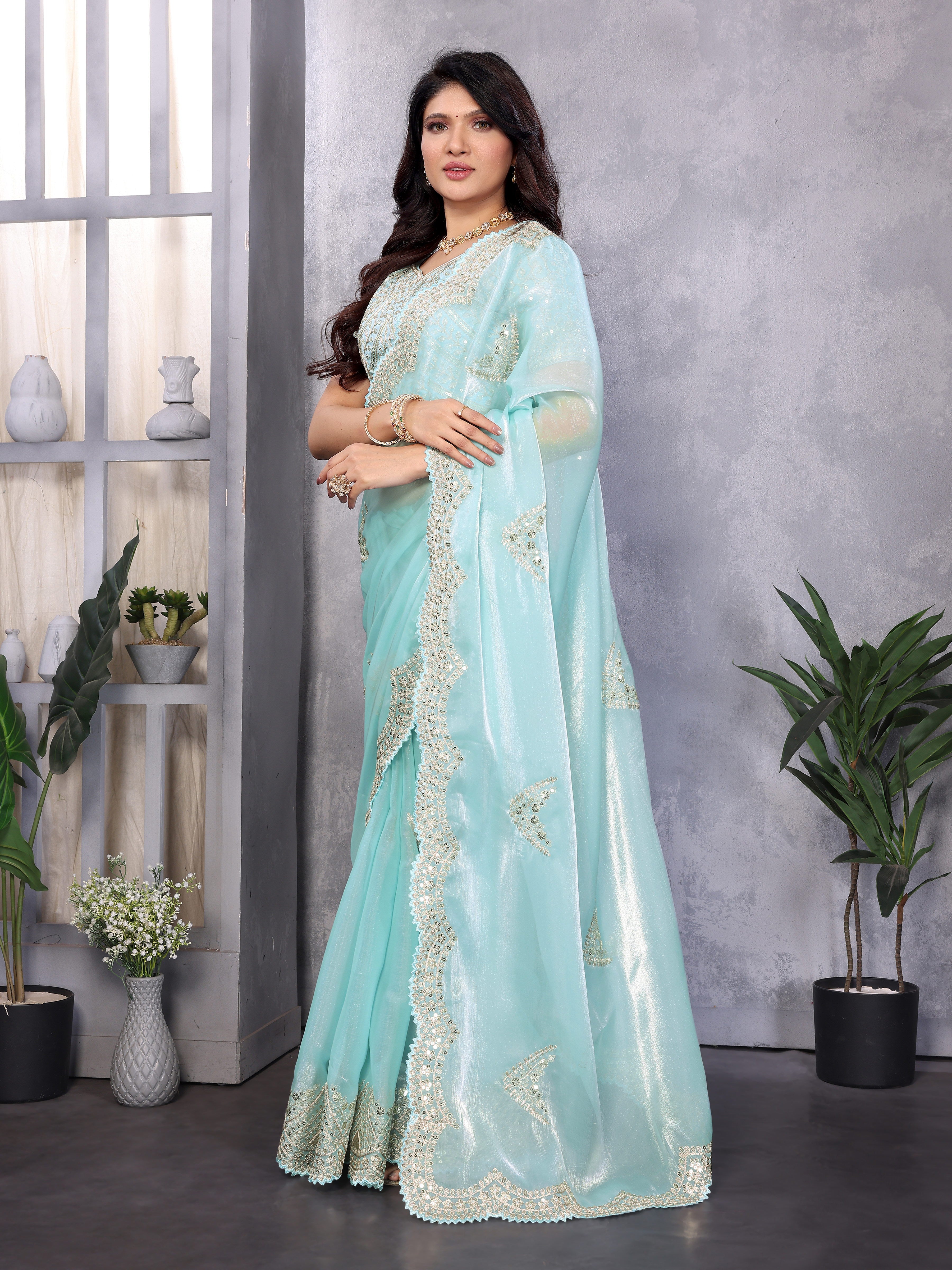 Shimmer Chiffon Embroidered Party Wear Saree - Aqua Blue full saree hero