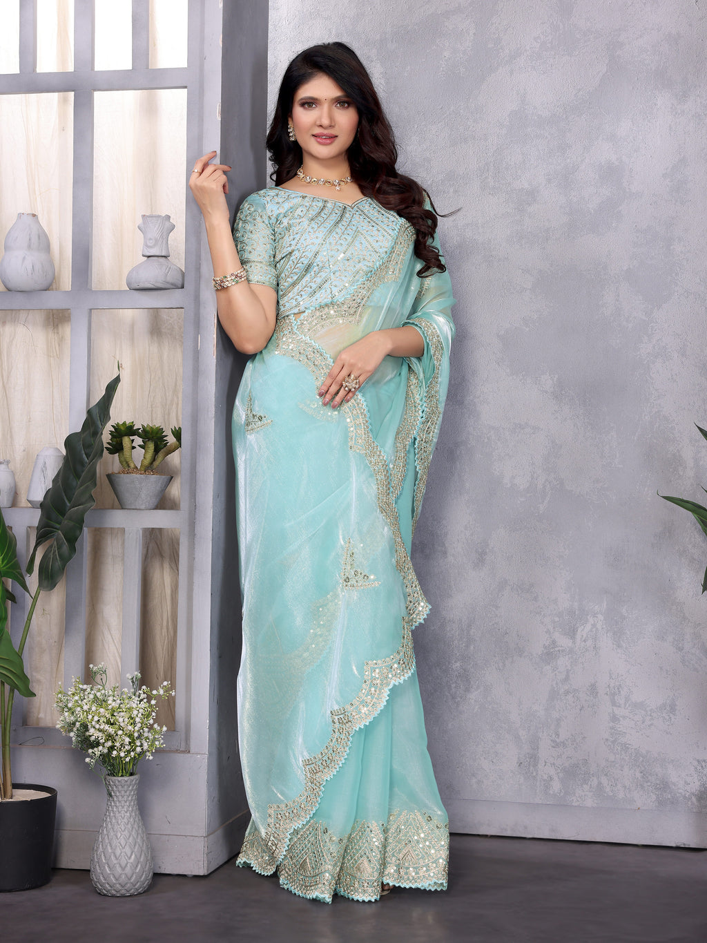 Shimmer Chiffon Embroidered Party Wear Saree - Aqua Blue image 2
