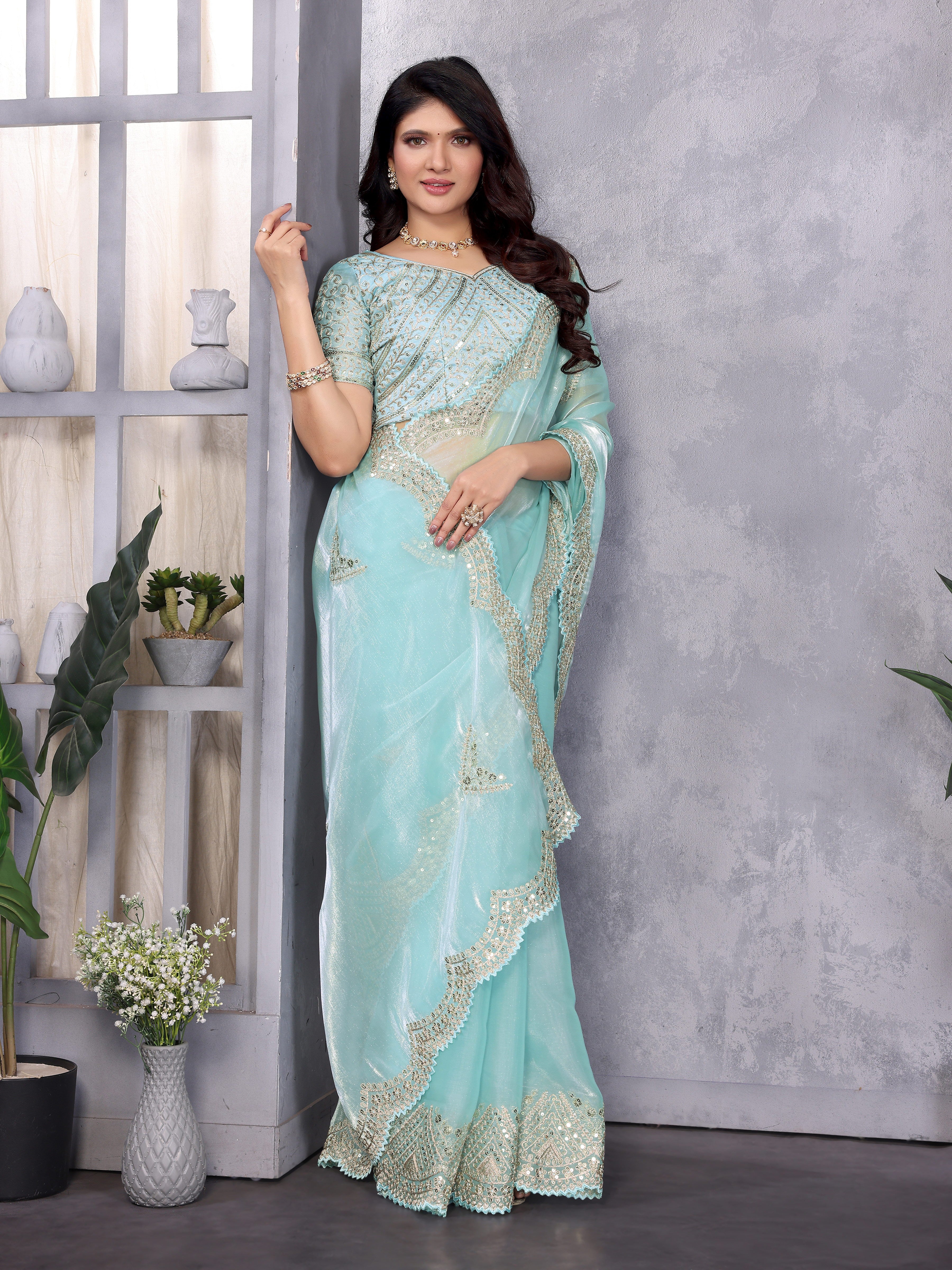 Shimmer Chiffon Embroidered Party Wear Saree - Aqua Blue image 2