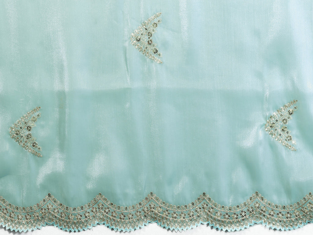 Shimmer Chiffon Embroidered Party Wear Saree - Aqua Blue fabric and embroidery detail