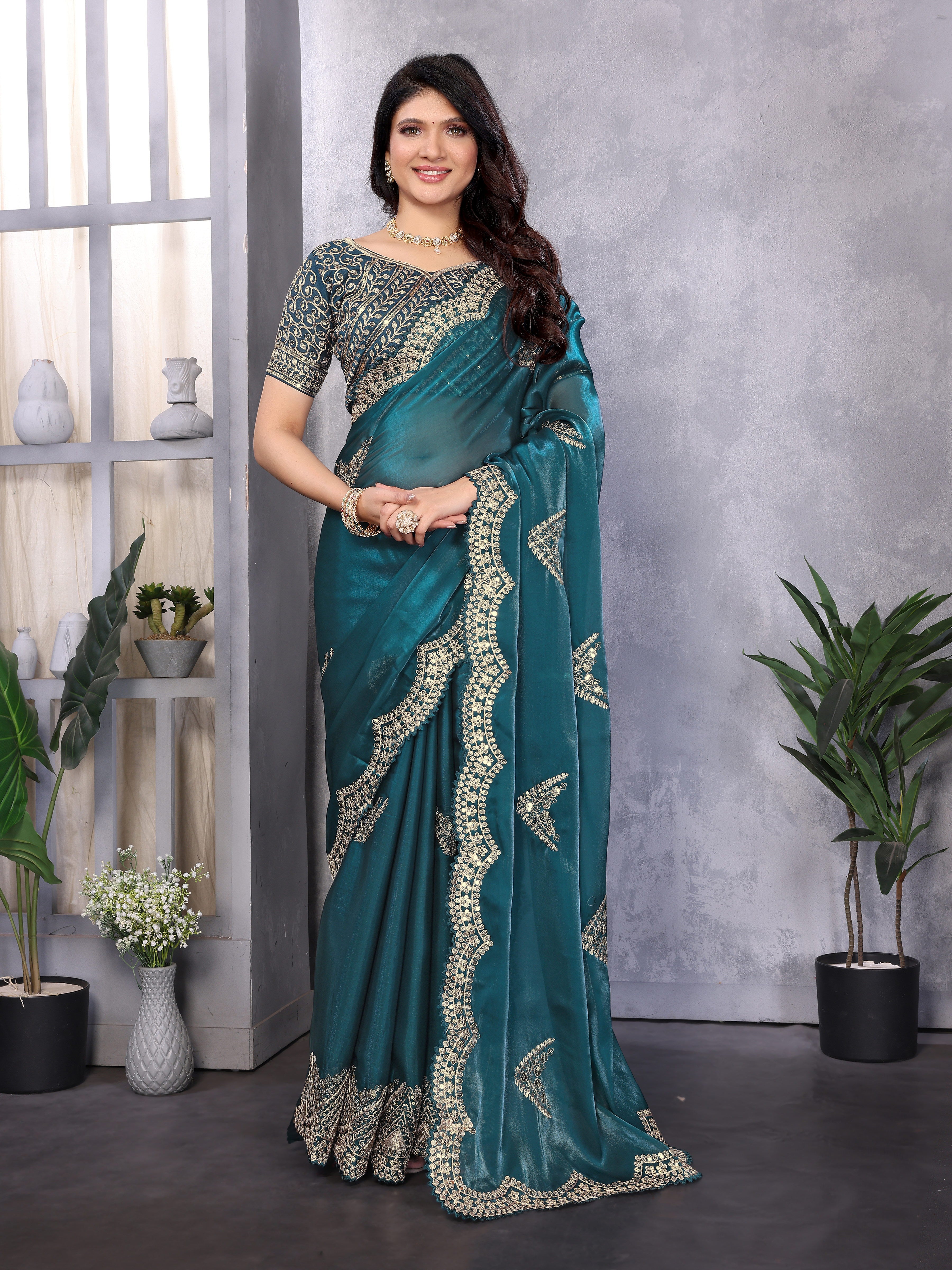 Shimmer Chiffon Embroidered Party Wear Saree - Teal Green full saree hero